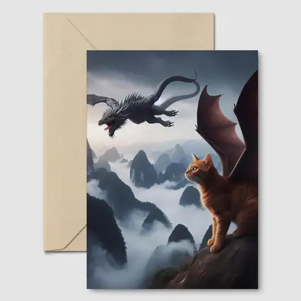 Orange Cat Dragon Wings Misty Mountain Fantasy