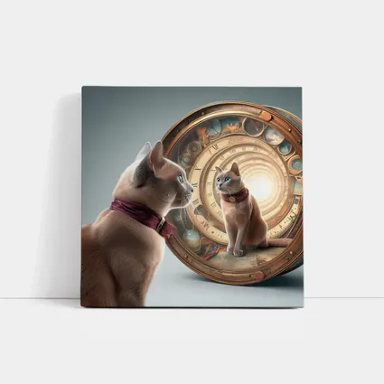 Burmese Cat Gazing Into Cosmic Clock Portal
