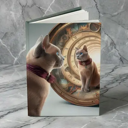 Burmese Cat Gazing Into Cosmic Clock Portal