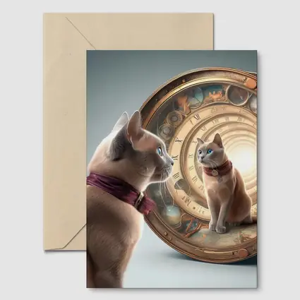 Burmese Cat Gazing Into Cosmic Clock Portal