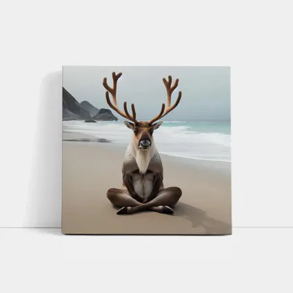 Reindeer Meditating on Sandy Ocean Beach