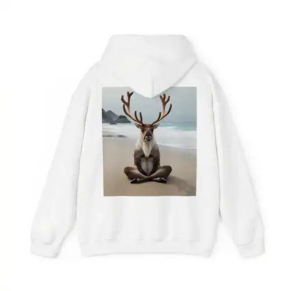 Reindeer Meditating on Sandy Ocean Beach