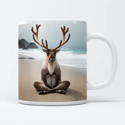 Reindeer Meditating on Sandy Ocean Beach