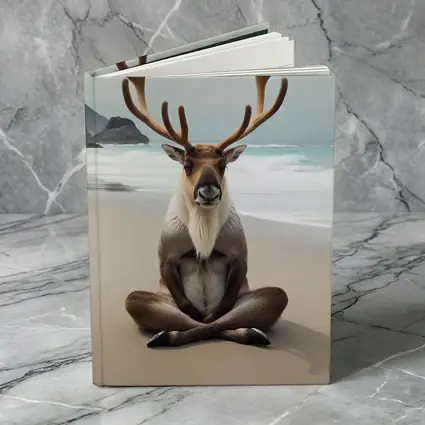 Reindeer Meditating on Sandy Ocean Beach