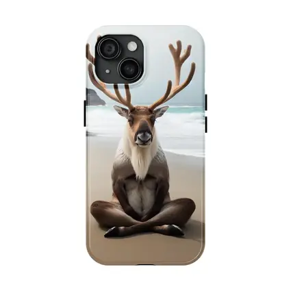 Reindeer Meditating on Sandy Ocean Beach