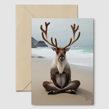 Reindeer Meditating on Sandy Ocean Beach