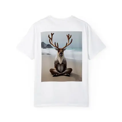 Reindeer Meditating on Sandy Ocean Beach