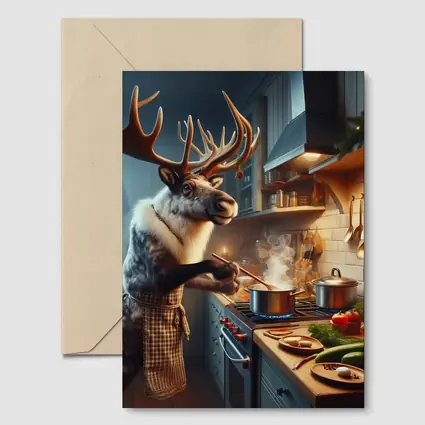 Reindeer Chef Cooking in Cozy Kitchen