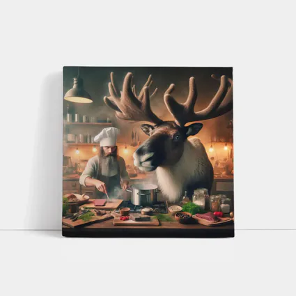Caribou Chef Cooking in Rustic Kitchen