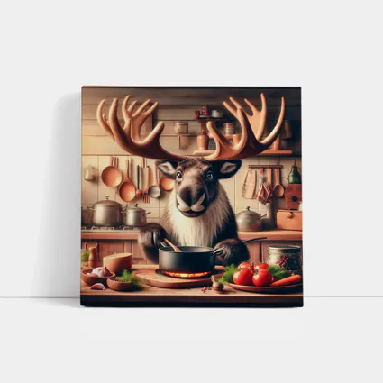 Moose Chef Cooking in Rustic Kitchen