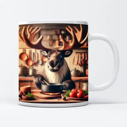 Moose Chef Cooking in Rustic Kitchen