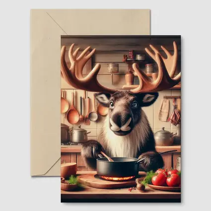 Moose Chef Cooking in Rustic Kitchen