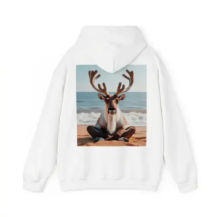 Reindeer Meditating on Sandy Ocean Beach