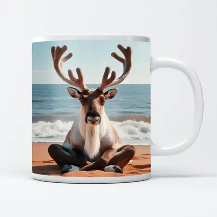 Reindeer Meditating on Sandy Ocean Beach