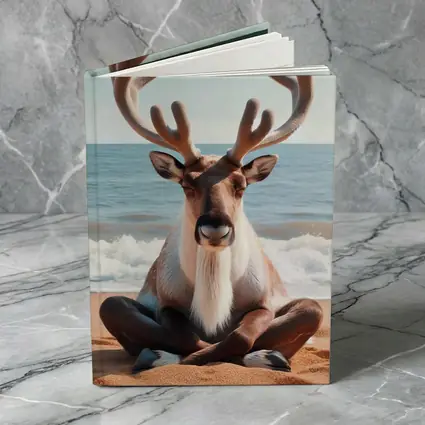 Reindeer Meditating on Sandy Ocean Beach