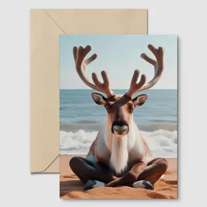 Reindeer Meditating on Sandy Ocean Beach