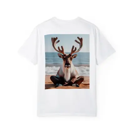 Reindeer Meditating on Sandy Ocean Beach