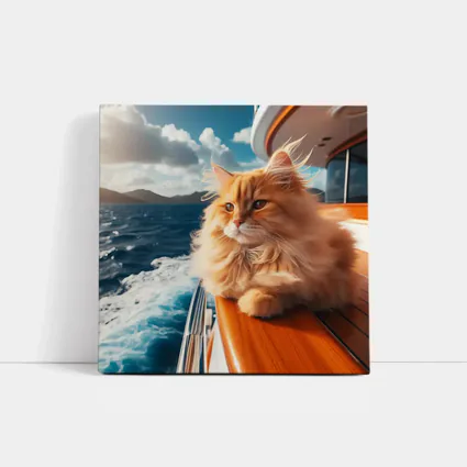 Fluffy Orange Cat on Yacht Ocean