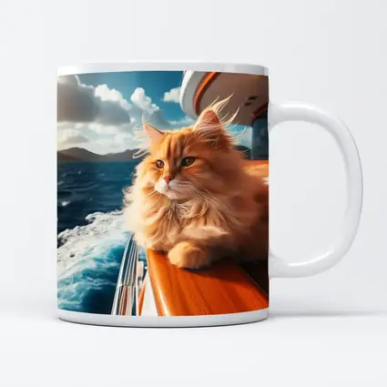 Fluffy Orange Cat on Yacht Ocean