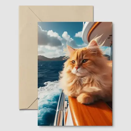 Fluffy Orange Cat on Yacht Ocean