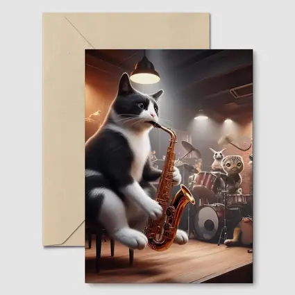Tuxedo Cat Playing Saxophone Jazz Band