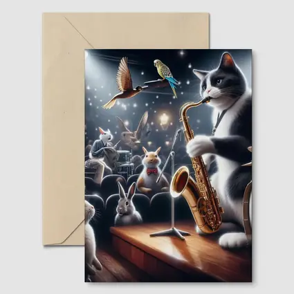Cat Playing Saxophone On Concert Stage