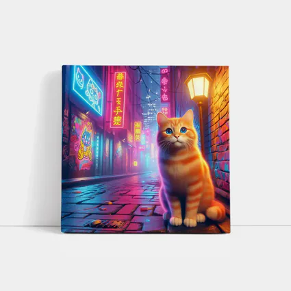 Orange Tabby Cat Neon City Night Street