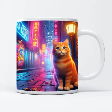 Orange Tabby Cat Neon City Night Street