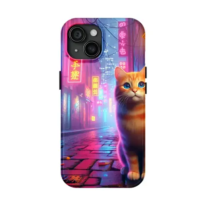 Orange Tabby Cat Neon City Night Street