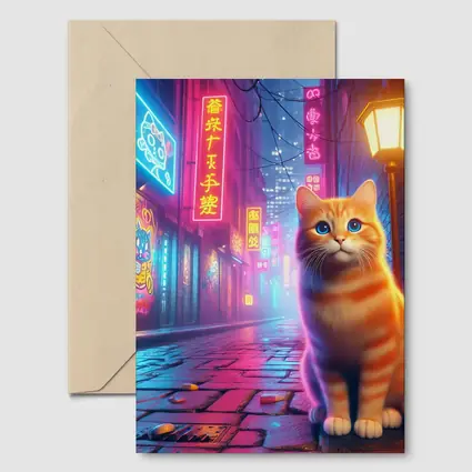 Orange Tabby Cat Neon City Night Street