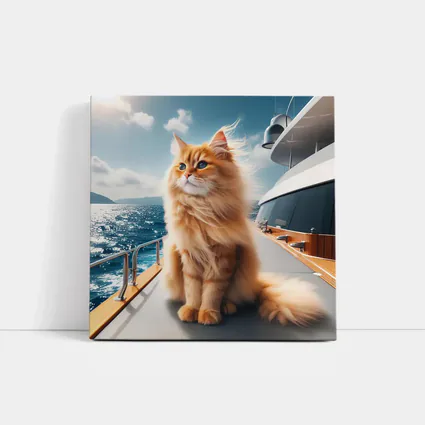 Fluffy Orange Cat Sitting On Luxury Yacht
