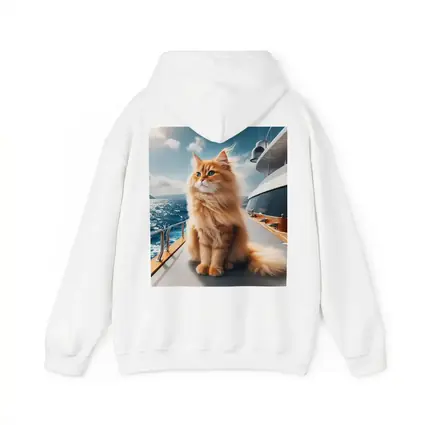 Fluffy Orange Cat Sitting On Luxury Yacht