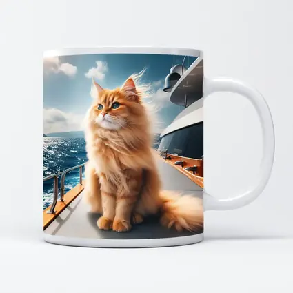 Fluffy Orange Cat Sitting On Luxury Yacht