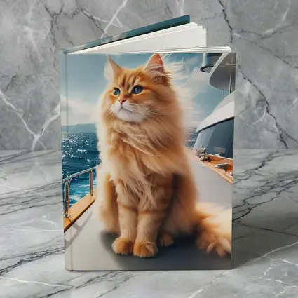 Fluffy Orange Cat Sitting On Luxury Yacht