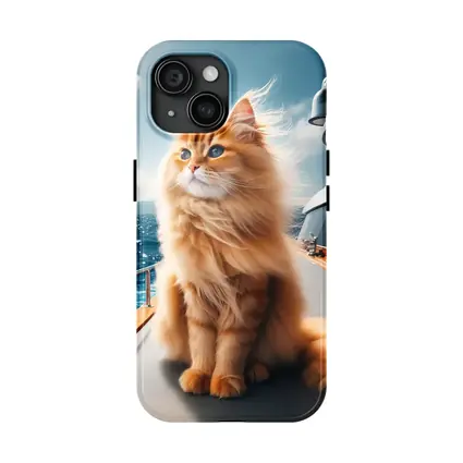 Fluffy Orange Cat Sitting On Luxury Yacht