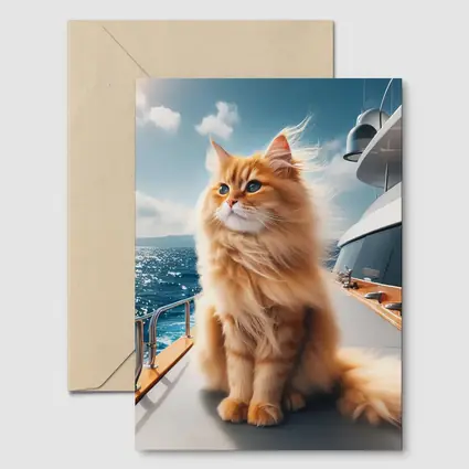 Fluffy Orange Cat Sitting On Luxury Yacht