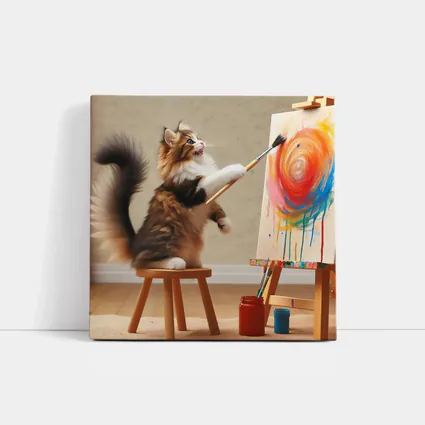 Fluffy Cat Painting Colorful Canvas Art