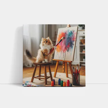 Fluffy Cat Painting on Easel Indoors