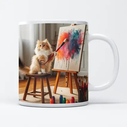 Fluffy Cat Painting on Easel Indoors