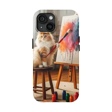 Fluffy Cat Painting on Easel Indoors