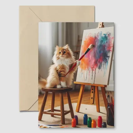 Fluffy Cat Painting on Easel Indoors