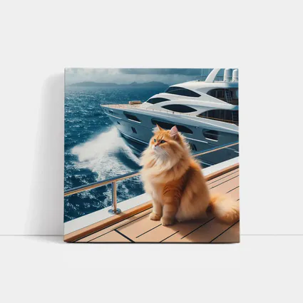 Fluffy Orange Cat Sitting On Luxury Yacht