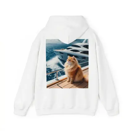 Fluffy Orange Cat Sitting On Luxury Yacht