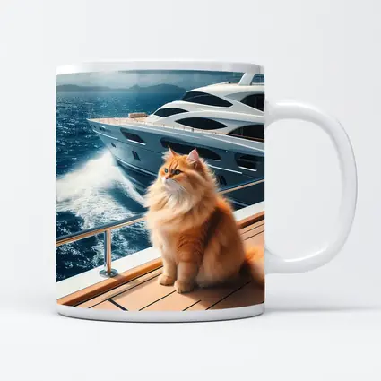 Fluffy Orange Cat Sitting On Luxury Yacht
