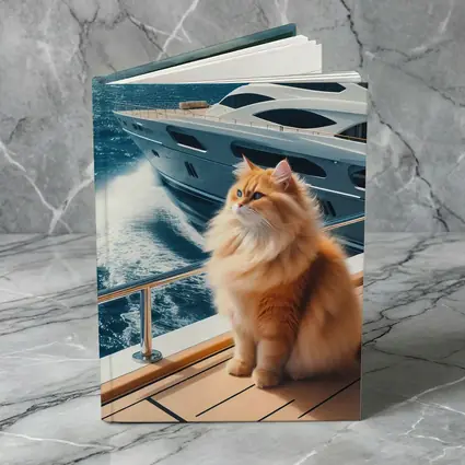 Fluffy Orange Cat Sitting On Luxury Yacht