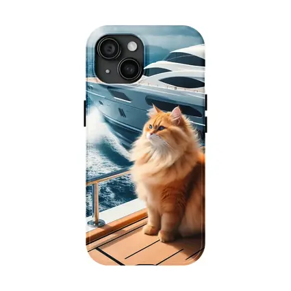 Fluffy Orange Cat Sitting On Luxury Yacht
