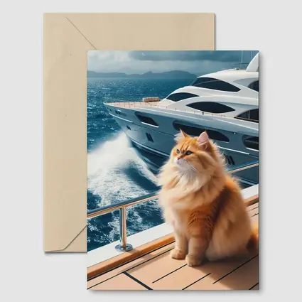 Fluffy Orange Cat Sitting On Luxury Yacht