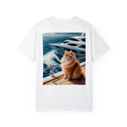 Fluffy Orange Cat Sitting On Luxury Yacht