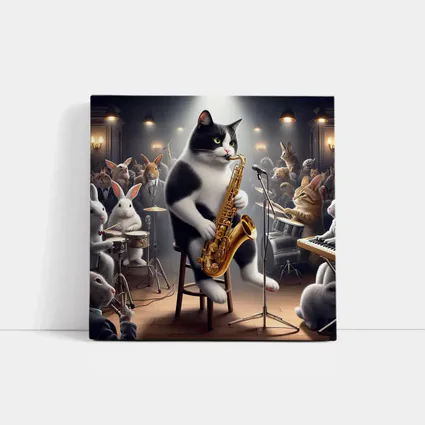 Tuxedo Cat Playing Saxophone Jazz Concert