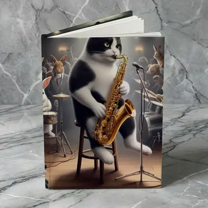 Tuxedo Cat Playing Saxophone Jazz Concert